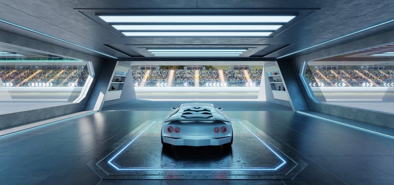 Racing car in futuristic garage