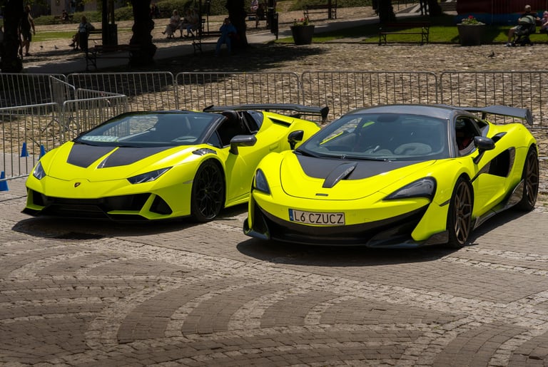 Lime green Lamborghini Huracan and McLaren 765LT