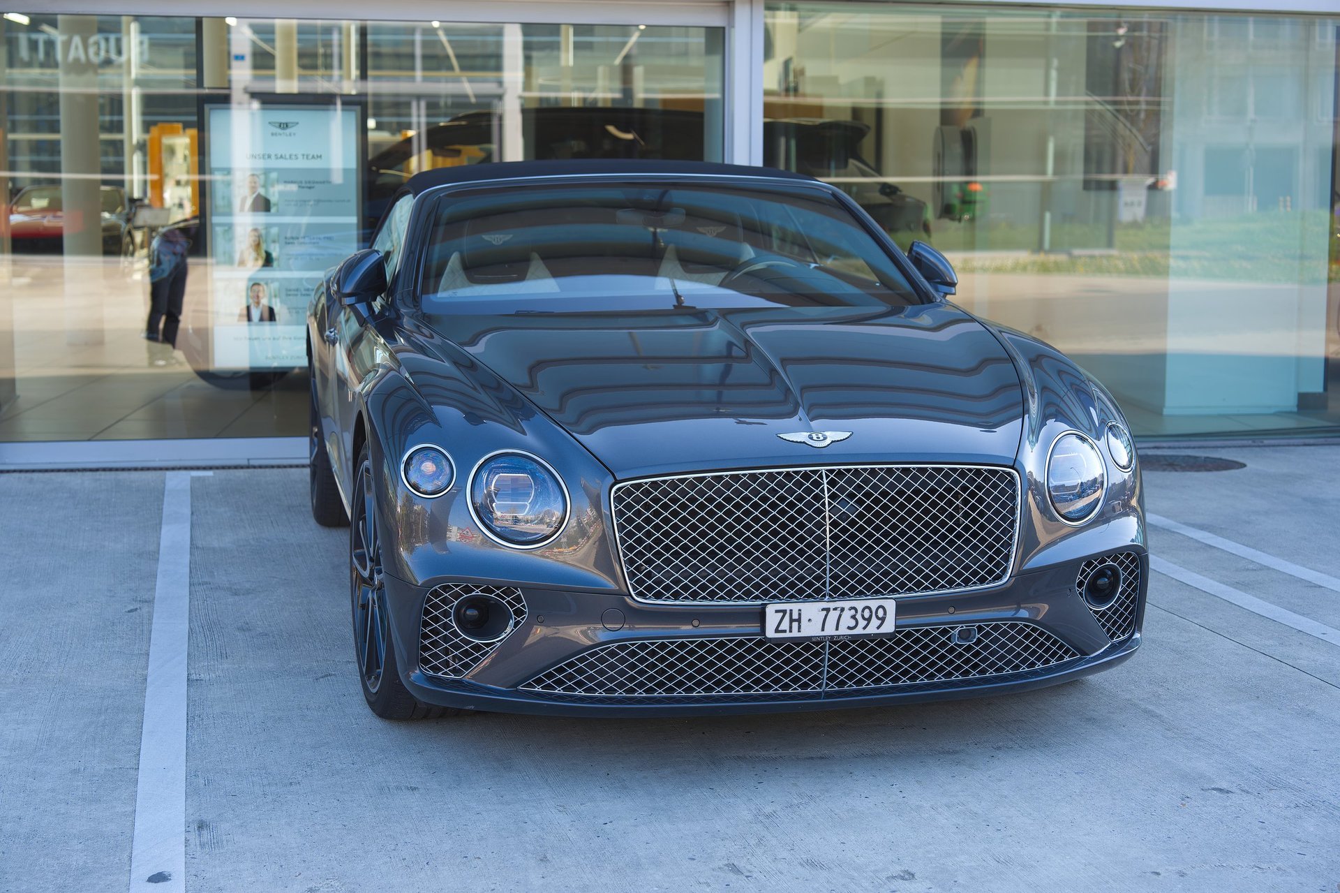 Close-up of gray Bentley Continental luxury car